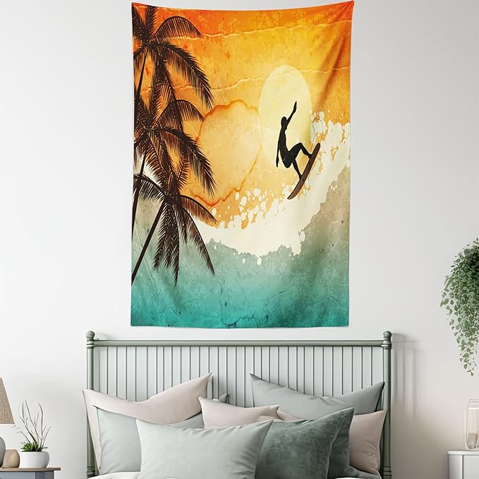 Ambesonne Grunge Tapestry, Illustration of Tropical Island Surfer on Sea Waves and Palms at Sunset, Fabric Wall Hanging Decor for Bedroom Living Room Dorm, 30" X 45", Orange Turquoise Black