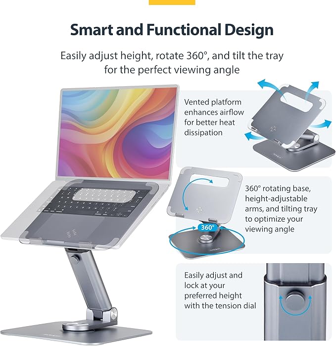 StarTech.com Telescopic Laptop Stand, 360 Swivel Base, Rotating Computer Riser for Desk, Adjustable Height/Tilt, Max 11lb/5kg