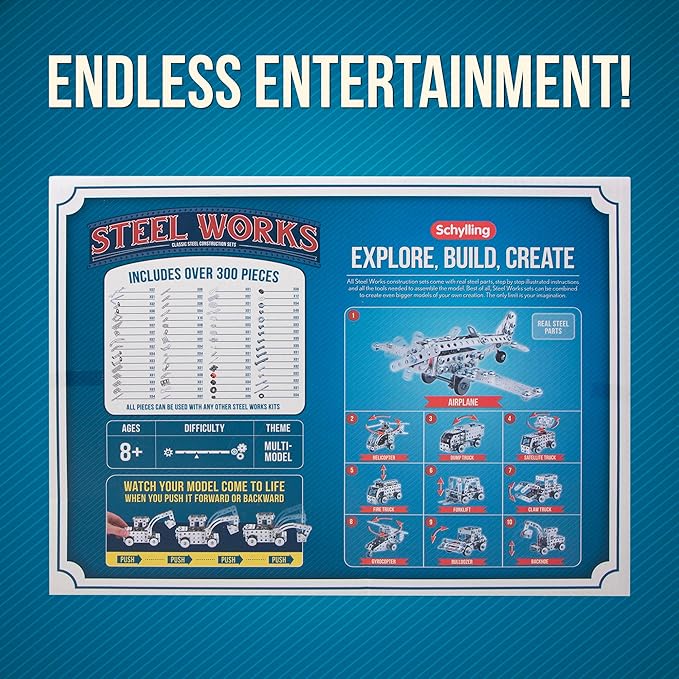 Schylling Steel Works Mechanical Multi-Model - Steel Building Set - Includes 300 Pieces, Tools, and Instructions to Make 10 Different Models - Ages 8 and Up