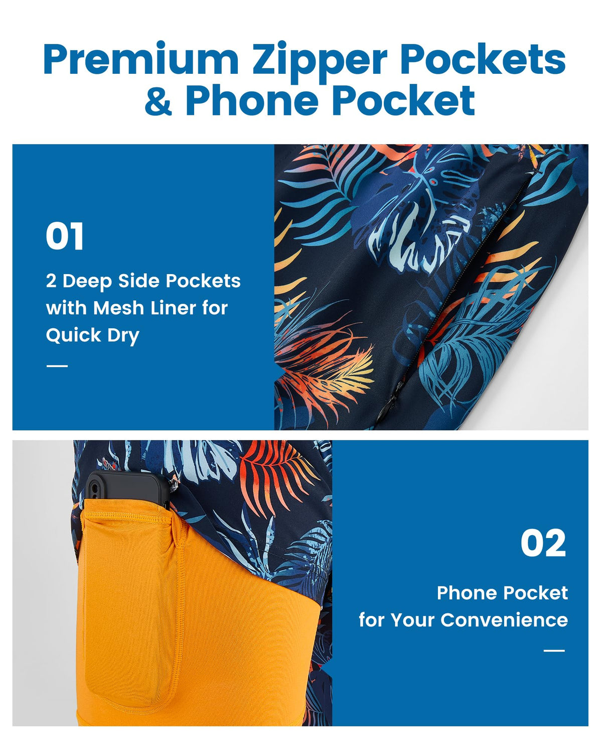 maamgic 2 in 1 Mens Swim Trunks 7 Inch Swim Shorts Swim Suits Board Shorts Palm Navy-Orange Medium