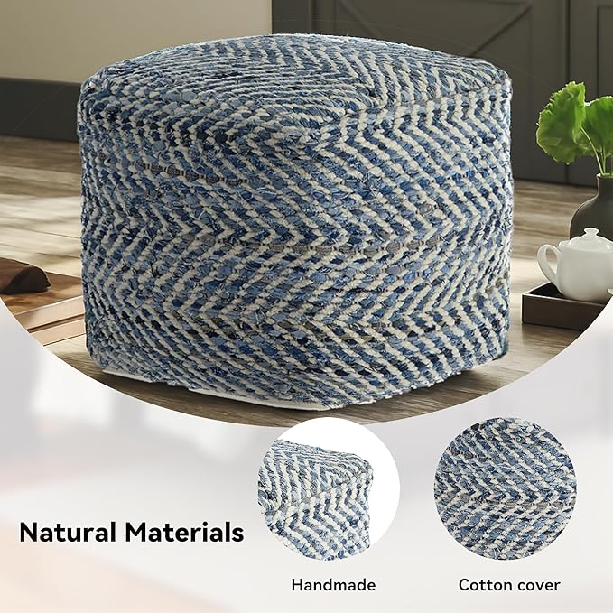 Signature Design by Ashley Chevron Handmade Woven Pouf 18 x 18, Blue and White