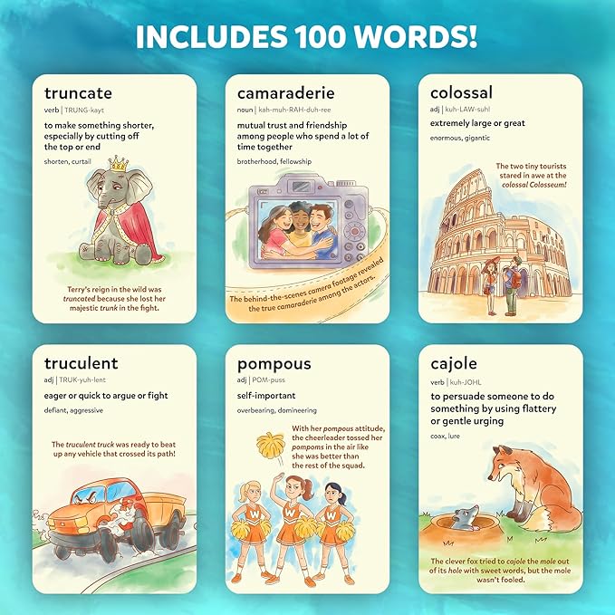 Skillmatics Vocabulary Flash Cards for Kids - Learn 100 Words with Wordplay, Visuals & Soundplay, Educational Gift for Ages 10, 11, 12, & Up, Screen-Free Language Game