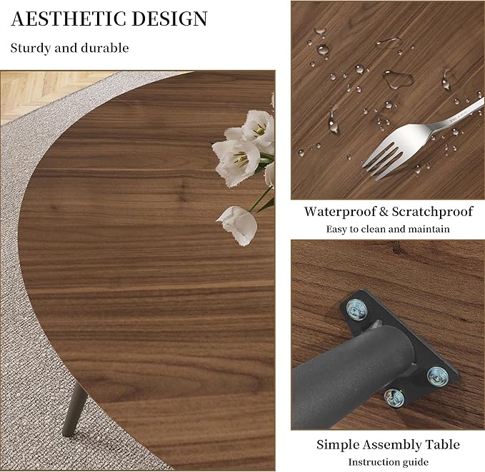 43.3 Inch Round Dining Table Set for 4, Modern Small Kitchen Coffee Set for Dining Room Kitchen Apartment (Walnut Table+4 U-Shaped Black Chairs)
