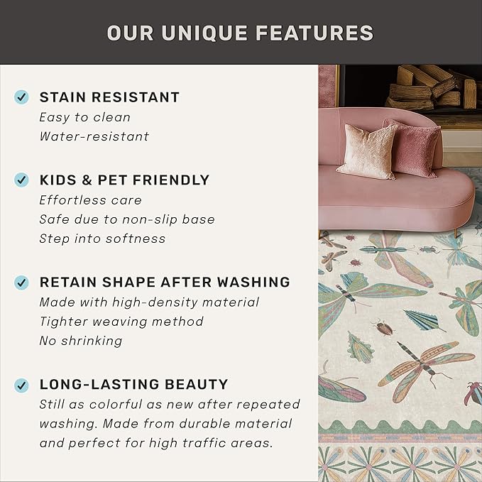 Green Butterfly Rugs for Girls Bedroom - 8x10 Floral Area Rug for Living Room, Dining Room Under Kitchen Table, Washable Lightweight Insect Print Large Carpet Indoor