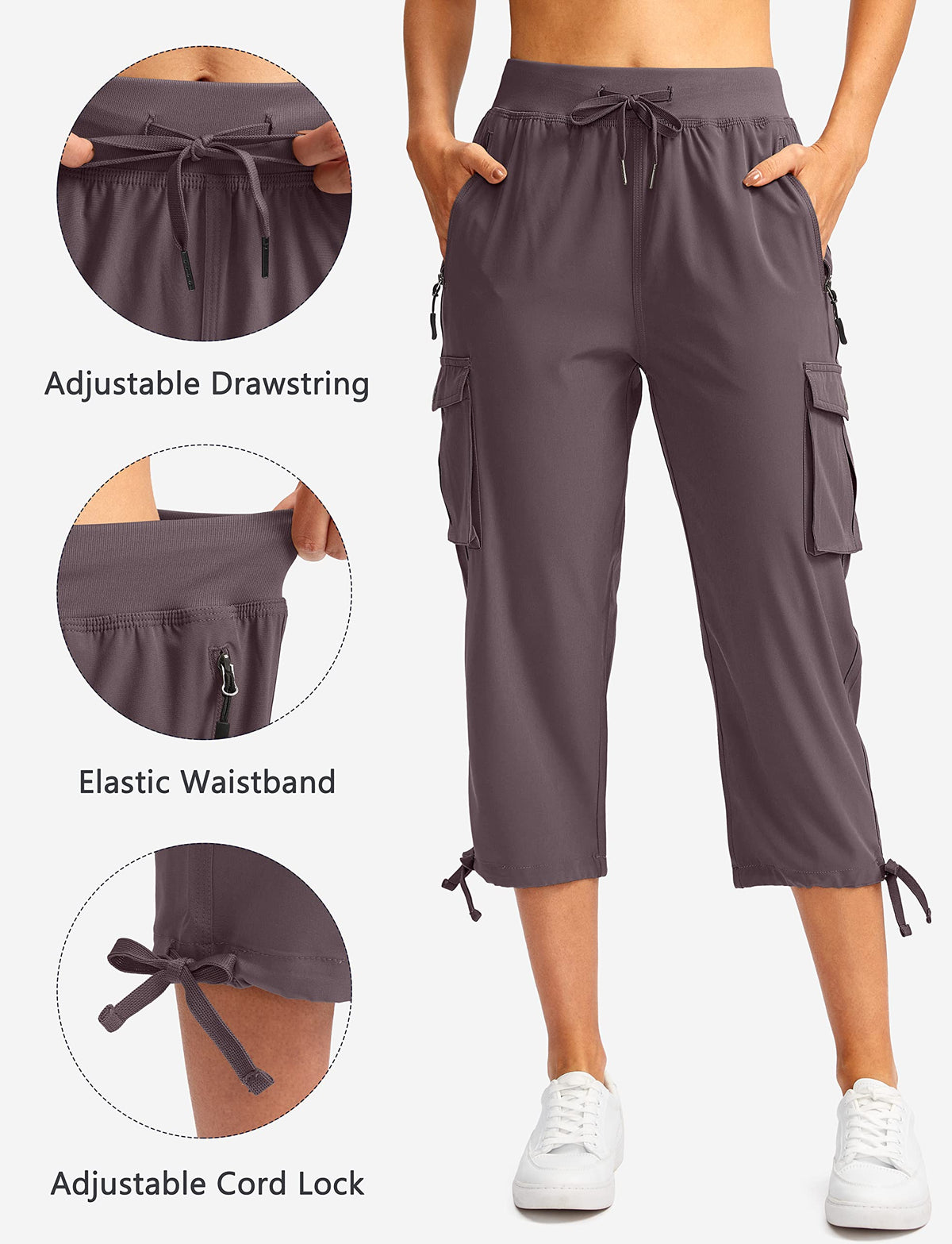 Soothfeel Women's Cargo Capris Pants with 6 Pockets Lightweight Quick Dry Travel Hiking Summer Pants for Women Casual (Dusty Purple, 3XL)