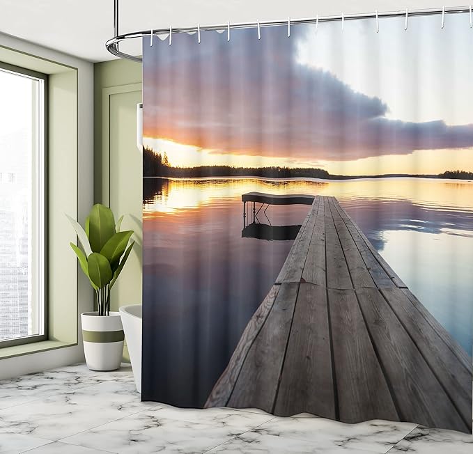 Ambesonne Landscape Shower Curtain, Serenity Relaxing Themed Port Pier Wooden Rustic Image of Dawn Sunset in Lake Art, Cloth Fabric Bathroom Decor Set Hooks, 69" W x 70" L, Multicolor Indigo Pale Blue