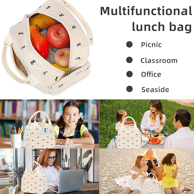 LEDAOU Lunch Box for Women Insulated Lunch Bag Corduroy Lunch Tote Bags Leakproof Cooler Lunch Case for Travel Work Picnic