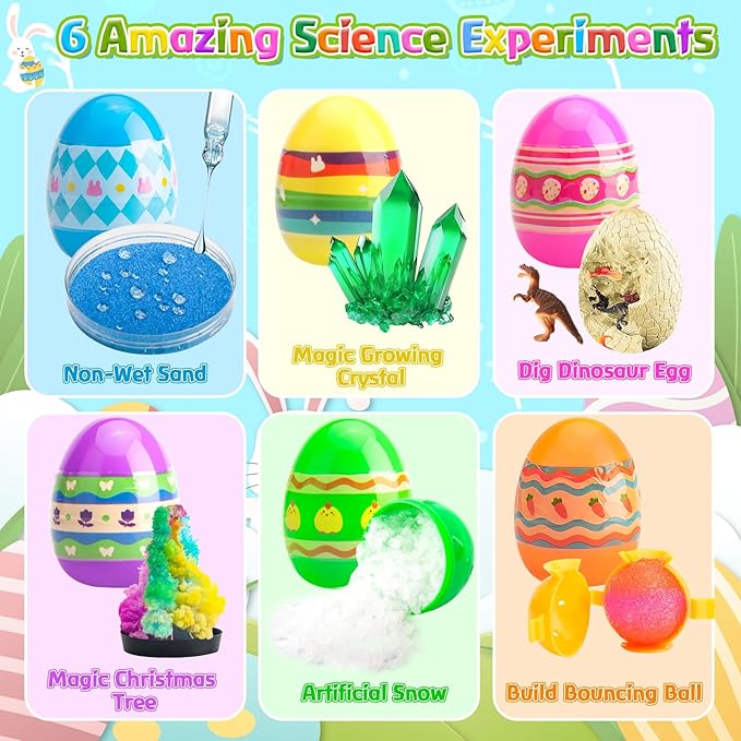 6PCS Prefilled Easter Eggs with Science Experiment Kits for Kids Easter Basket Stuffers, Egg Hunt Prizes and Party Favors, STEM Project Educational Gifts for Girls Boys