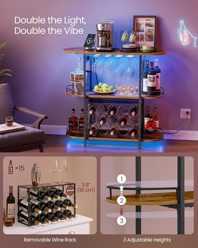 VASAGLE Bar Cabinets for Home, LED Coffee Bar with Power Outlets, Home Mini Bar for Liquor, Freestanding Wine Rack with Glass Holder, Kitchen, Dining Room, Rustic Brown ULWR007K01