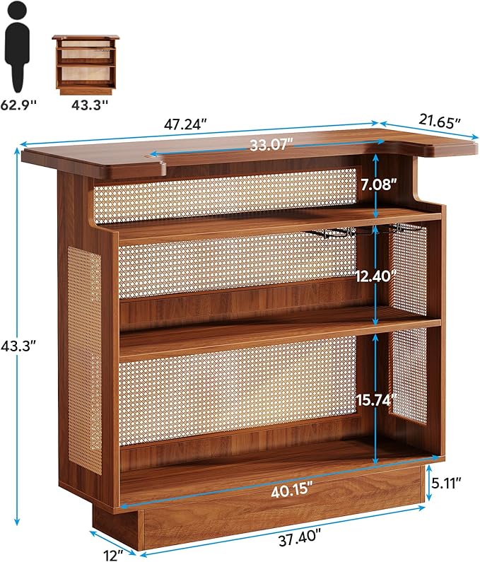Tribesigns Rattan Home Bar Unit, Farmhouse 4-Tier Bar Table with 4 Stemware Racks and Heightened Base, Liquor Wine Bar Cabinet Mini Bar Table for Home Pub, Caramel Brown