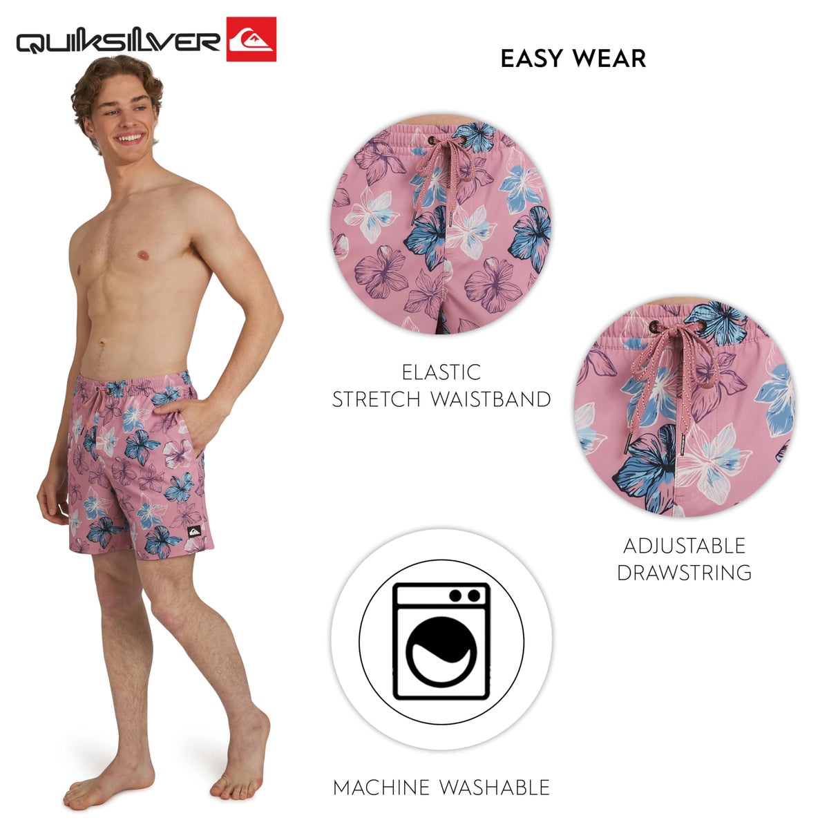Quiksilver Men's Swimwear Regular Fit Stretchable Comfort Liner Swim Trunks, Floral Design - Dusty Rose, Medium