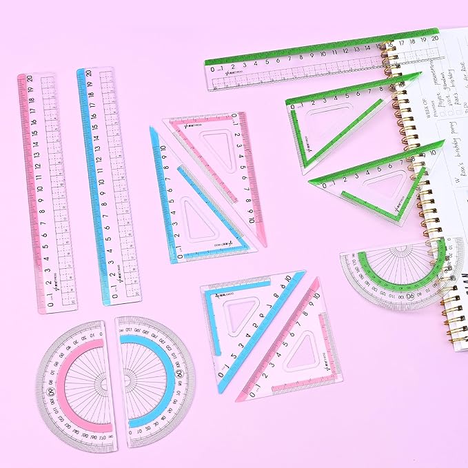 BAYTORY 12Pcs Transparent Ruler Set, Shatterproof Colorful Acrylic Rulers, Clear Lightweight Geometry Set, Student Stationery Measuring Tool, for School and Office (Bright Colors)
