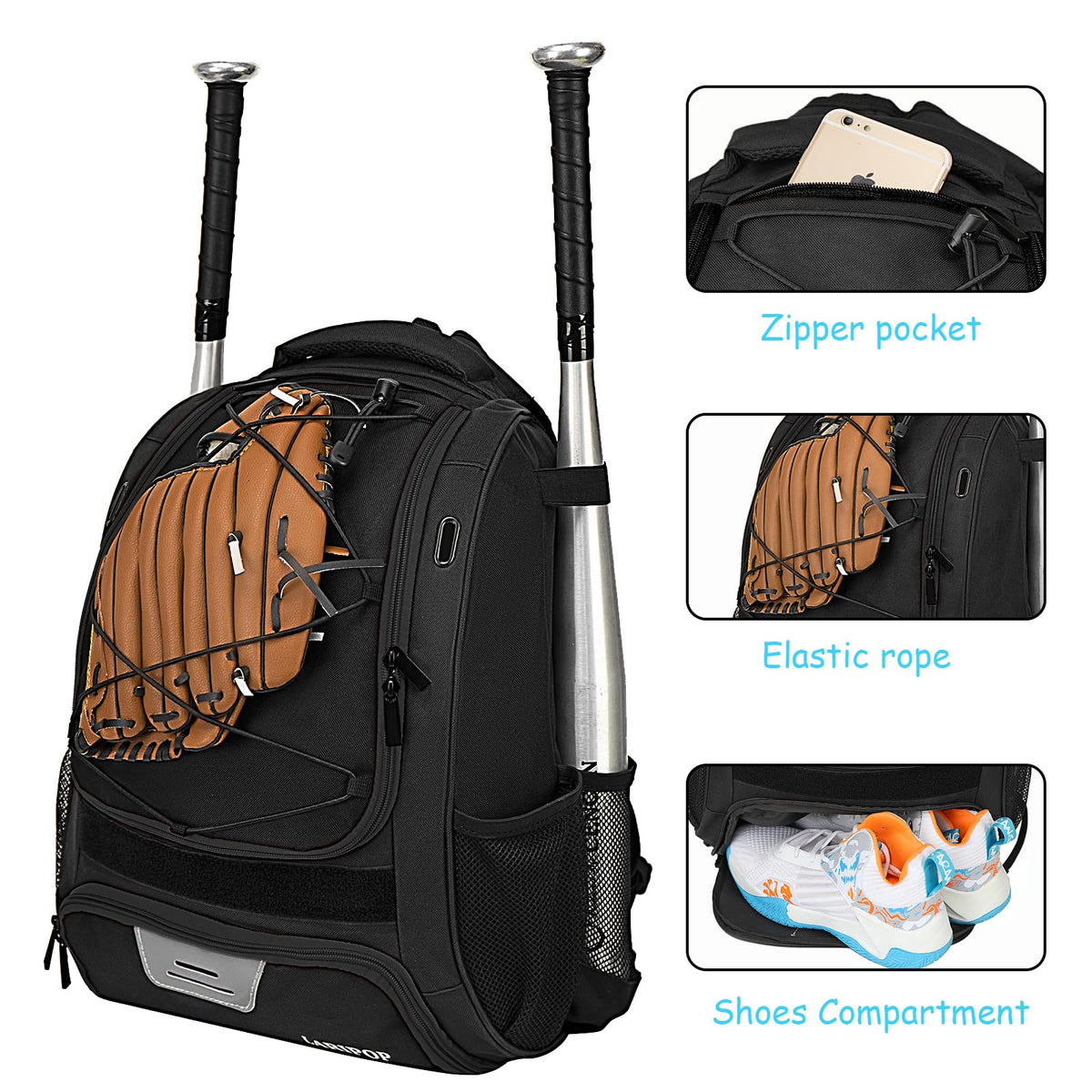 LARIPOP Youth Baseball Bag, Bat Backpack with Fence Hook & Separate Shoe Compartment, Waterproof Equipment Bag for Baseball, T-Ball & Softball