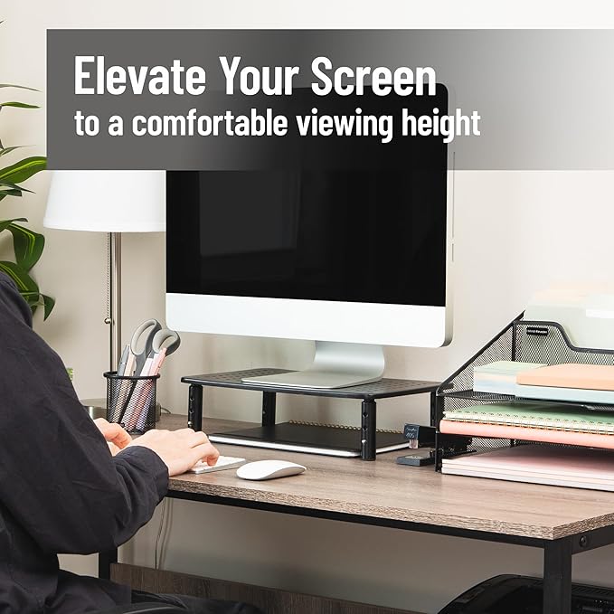 Mind Reader Monitor Stand, Height Adjustable, Ventilated Laptop Riser, Metal, 14.5"L x 9.25"W x 4-5.5"H, Set of 2, Black
