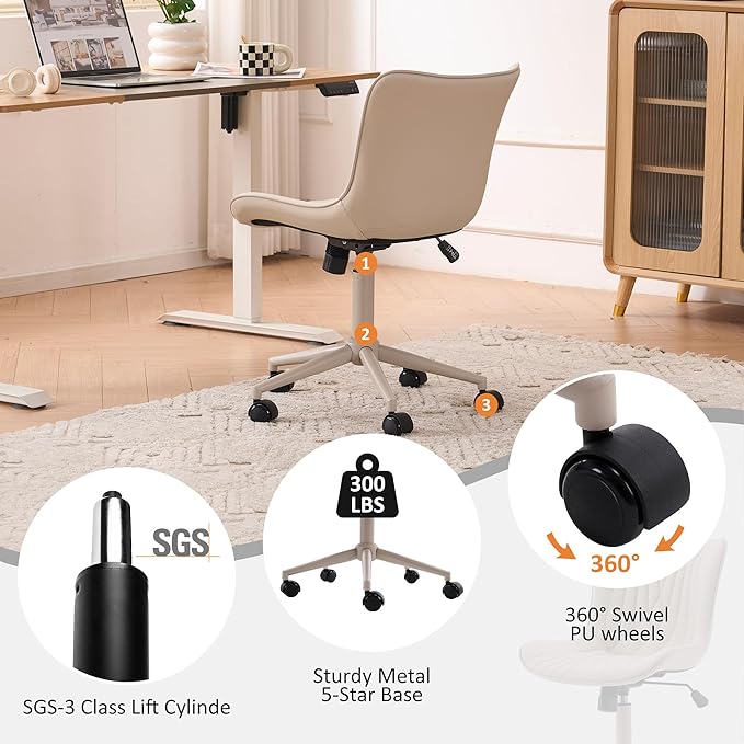 YOUTASTE All Cream Office Chair, Modern Armless Desk Chair with Back, Adjustable Swivel Rolling Faux Leather Task Chair with Wheels Metal Base for Home Office, Study, or Vanity