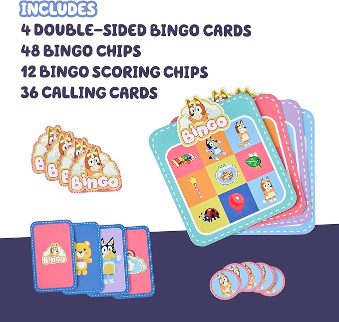 Bluey Bingo’s Bingo Card Game, Kids Image Matching Card Game with 40 Cards, 48 Chips and 12 Scoring Chips, Interactive Fun Games for Kids of Ages 3+