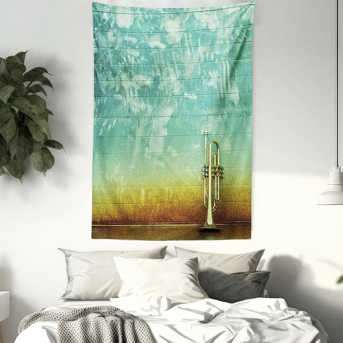 Ambesonne Music Tapestry Twin Size, Old Aged Worn Single Trumpet Stands Alone Against a Faded Wall Jazz Theme Photo, Wall Hanging Bedspread Bed Cover Wall Decor, 68" X 88", Teal Brown