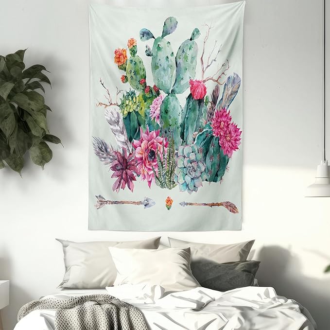 Ambesonne Cactus Tapestry, Spring Garden Boho Style Bouquet of Thorny Plants Blossoms Arrows Feathers, Wall Hanging for Bedroom Living Room Dorm Decor, 40" X 60", Rose Green Brown