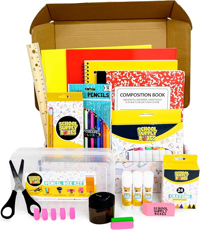 School Supply Boxes | K-5 Bundle (1 Box) | Back to School Essentials Kit for Students & Teachers | Includes Wide-Ruled Paper Products, Crayons, Markers, Colored Pencils, & More