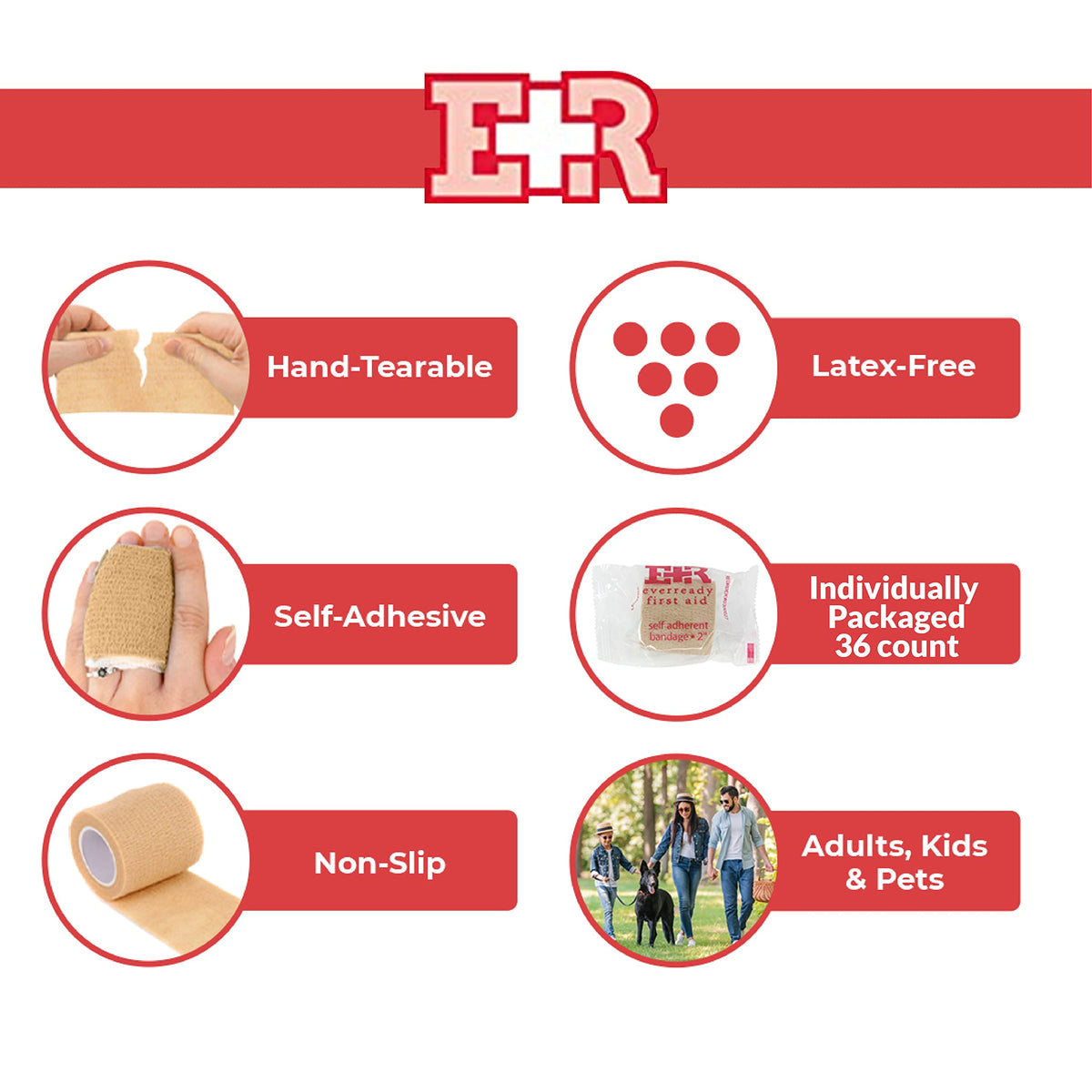 Ever Ready First Aid Self Adherent Cohesive Wrap Bandages, 2” x 5 Yards for First Aid, Sprains, Swelling, Sports, Pets, Tan Color – 12 Count