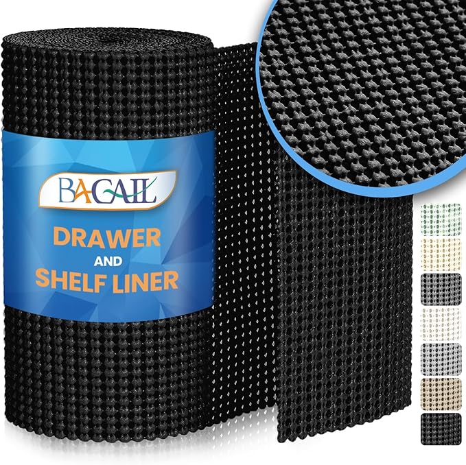 BAGAIL Drawer and Shelf Liner, 24 in X 30 Ft Non-Adhesive Shelf Liners for Kitchen Cabinets, Thick Strong Grip Liners for Desk, Shelves, Bathroom Drawers, Cabinet Protection - Black