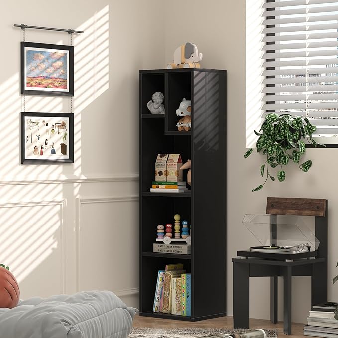 VECELO Small Bookshelf, 5 Cube Slim Bookcase, Fits Tallest Hardcovers, Horizontal Available, Modern Floor Standing Unit, Each Shelf Hold Up to 66 LBS, Black