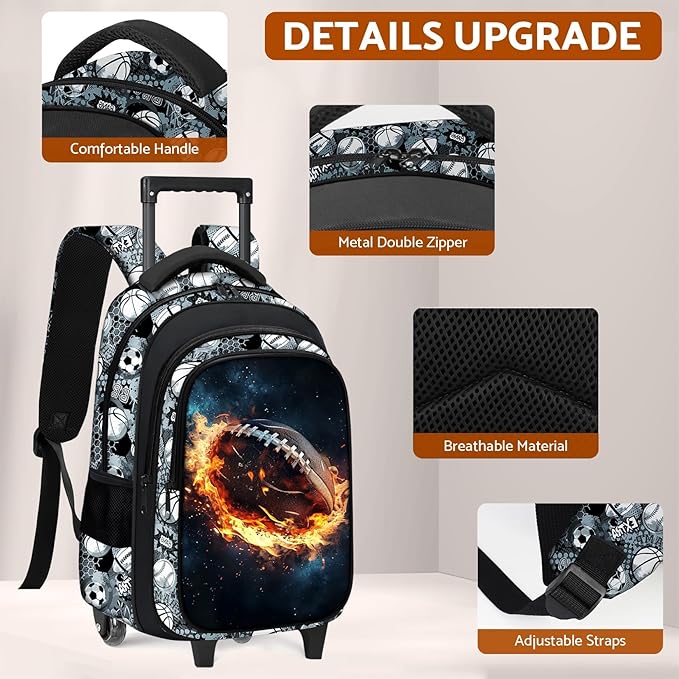 Boys Rolling Backpack for Kids - American Football Kids Rolling Backpack with Wheels for Elementary Middle School Students - Roller School Bookbag Aged 6-18, Wheeled Travel Bag Large Capacity