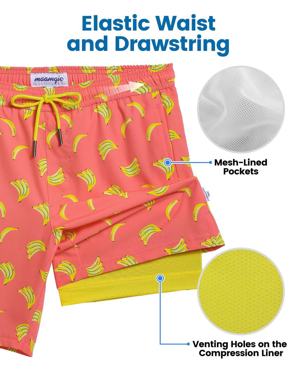 maamgic Mens Swim Trunks with Compression Liner 7 Inch Inseam Mens Bathing Suit Quick Dry Swimming Trunks Swimsuit Banana Orange Large