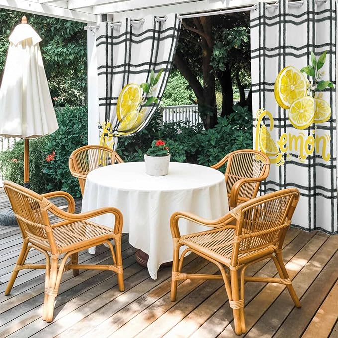 Lemon Outdoor Curtains for Patio Lemon Leaves Summer Plaid Buffalo Waterproof