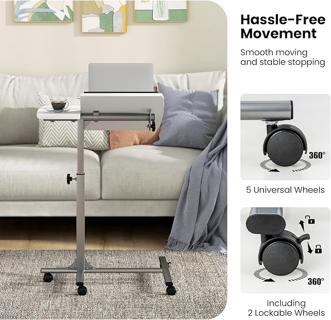 COSTWAY Rolling Laptop Stand, Mobile Laptop Tray and Cart with 45 °Degree Swivel Tilting Tabletop, Height Adjustable Mobile Podium from 24.5'' to 36'', Overbed Computer Table for Sofa, Bed (White)