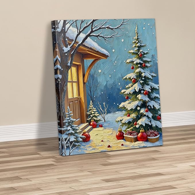 Framed Christmas Pictures Wall Decor,Vintage Pine Tree Prints,Winter Christmas Canvas Wall Art Decoration for Bedroom Bathroom Living Room Rustic Xmas Holiday Gifts (Christmas Tree 21, 12'' X 16'')