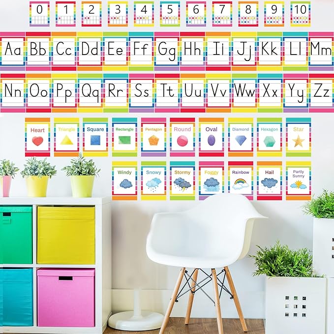 67 PCS Classroom Alphabet Number Educational Poster Cards with Weather Shape Color Learning Cards Decorations, Colorful Rainbow Bulletin Board Letter, School Home Wall Decor for Teacher