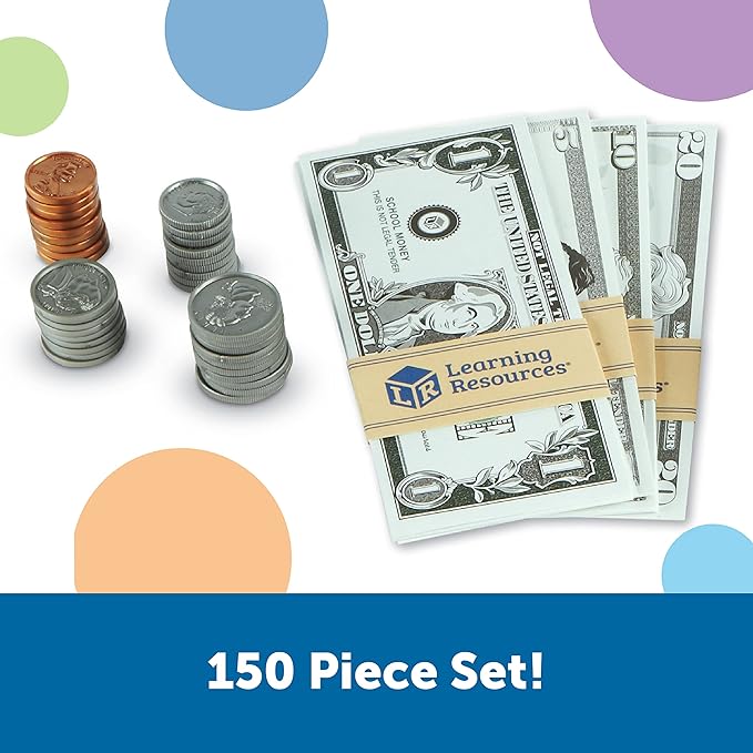 Learning Resources Pretend Play Money - Math Manipulatives for Kids, Kids Bank, Plastic Coins, Cash Register, Toddler , Homeschool Supplies, Fine Motor Skills, Teaching Set Manipulatives