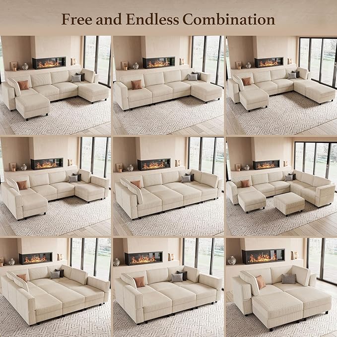 114.2" 8 Seat Modular Sectional Sofa with Deep Storage Seat, Comfy Corduroy Sectional Couch Convertible Modular Sleeper Sofa Couch with Movable Ottoman Chaise, Beige