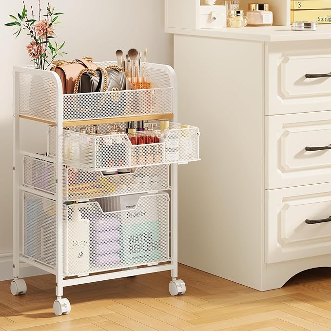 Rolling Makeup Cart Organizer with 3 Drawers, Floor Skincare Organizers with Wheels, Cosmetics Display Cases, Vanity Storage Organizer for Skin Care Perfume Nail Polish, White