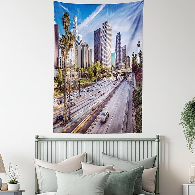 Ambesonne Travel Tapestry, Downtown Cityscape of Los Angeles California USA Avenue Buildings Palms Print, Wall Hanging for Bedroom Living Room Dorm Decor, 40" X 60", Blue Grey Green
