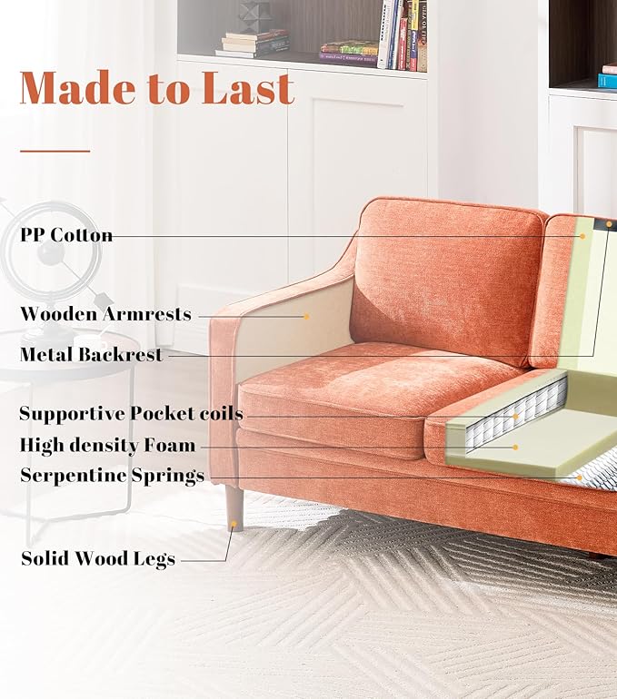 Kingfun 80" Chenille Sofa, 3 Seater Couch, Mid Century Modern Couches with Solid Wood Frame for Living Room & Bedroom, Orange