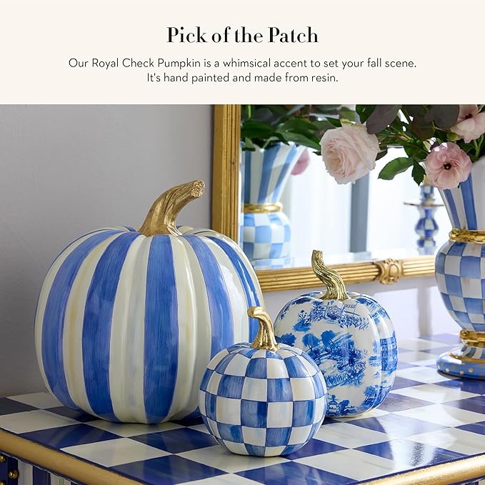MACKENZIE-CHILDS Small Pumpkin, Resin Halloween Home Decor, Blue-and-White Royal Check