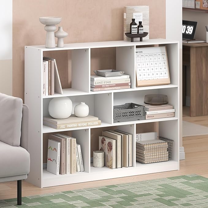 Furinno DALY Book Shelf, 8-Cube Bookshelf, Horizontal Cube Storage Organizer Bookcasde, 10.9 x 47.2 x 39.4, for Living Room, Bedroom, Home Office, White