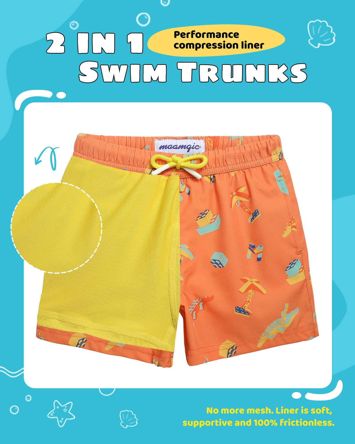 maamgic Boys Swim Trunks with Compression Liner Toddler Stretch Swim Shorts Quick Dry Swimming Trunks Boxer Brief 2 in 1 Beach Shorts Orange Blocks 10/12