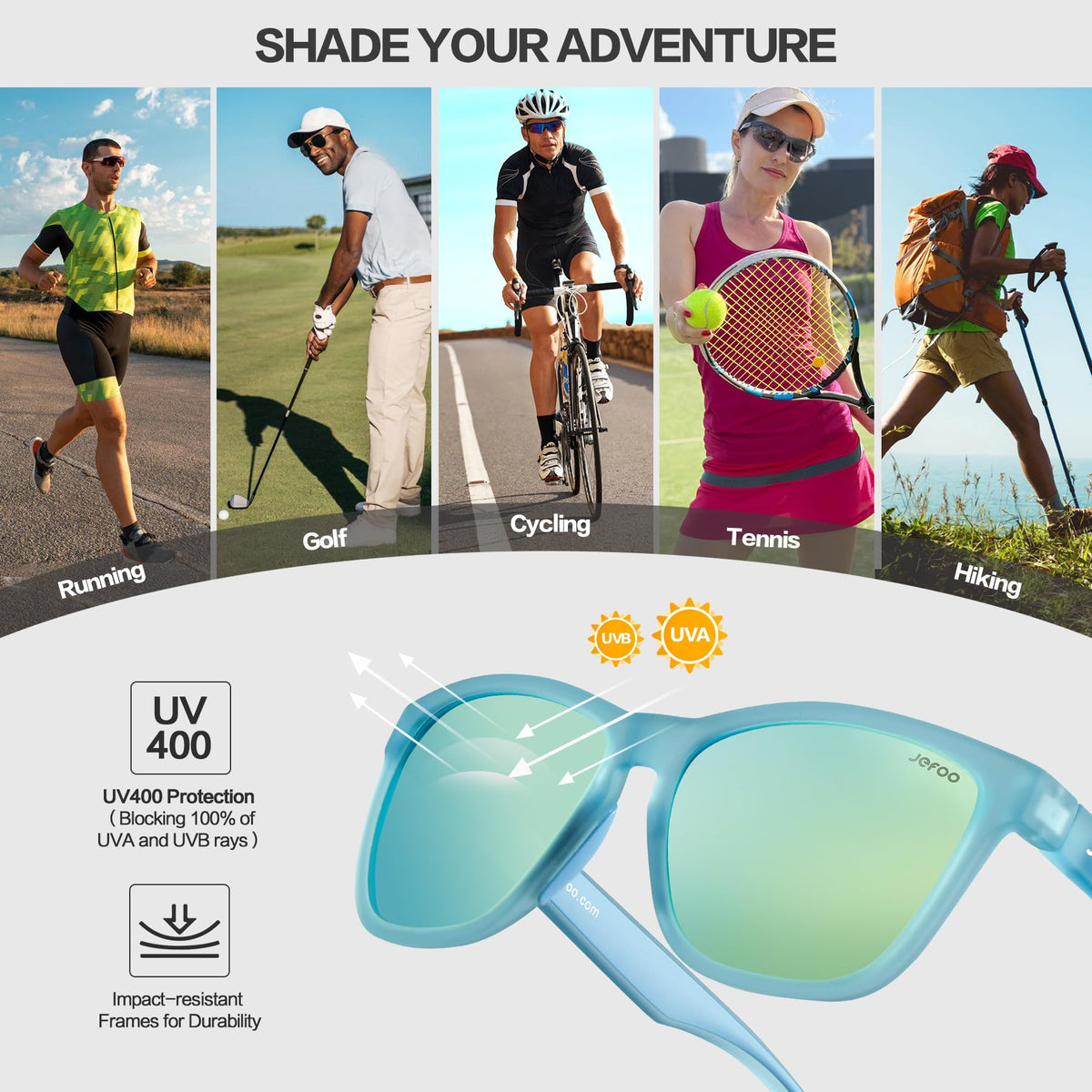Jefoo Polarized Sports Running Sunglasses for Women Men Retro Trendy Sun Glasses UV400 Protection Tangle Free