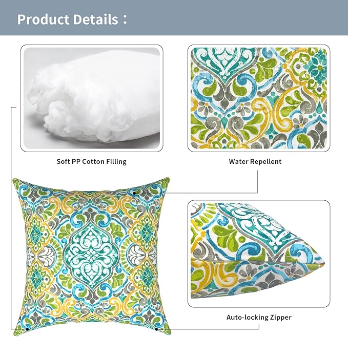 Outdoor Pillows for Patio Furniture 20x20 inch, Square Outdoor Throw Pillows with Inserts, Decorative Patio Pillows for Garden Couch Home Sofa Office Chair, Pack of 2,Damask Green