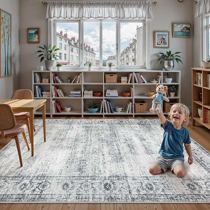 Lahome Vintage 9x12 Washable Grey Rugs for Living Room Bedroom, Boho Dining Room Rugs for Under Table, Soft Non Slip Indoor Throw Carpet for Home Office Playroom (9x12ft,Grey)