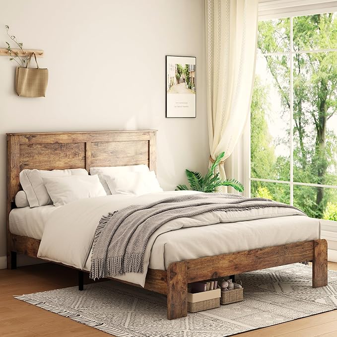 Queen Size Bed Frame, Vintage Platform Bed Frame with Wood Headboard and Footboard, 12 Wood Slats Support, No Box Spring Needed (Dark Brown)