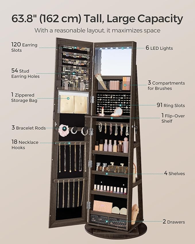 SONGMICS 6 LEDs Lockable Mirror Jewelry Cabinet, 360° Swivel Jewelry Organizer Armoire Standing, Frameless Full-Length Mirror, 3 Storage Shelves, Ash Brown Surface, Black Lining UJJC007K02