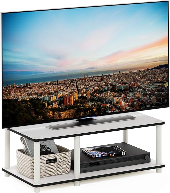 Furinno JUST TV Stand, 2-Tier No Tools Mid Entertainment Center with Open Shelf, TV Console for TV up to 46 Inch with Tubes, for Living Room, Bedroom, White