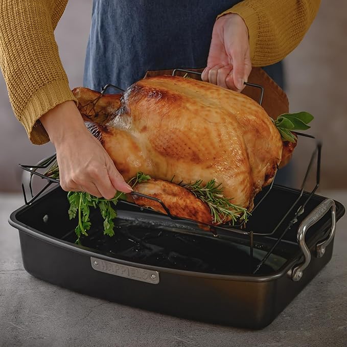 HAPPIELS 13 x 17 inch Roasting Pan with Rack 20-25 lb Nonstick