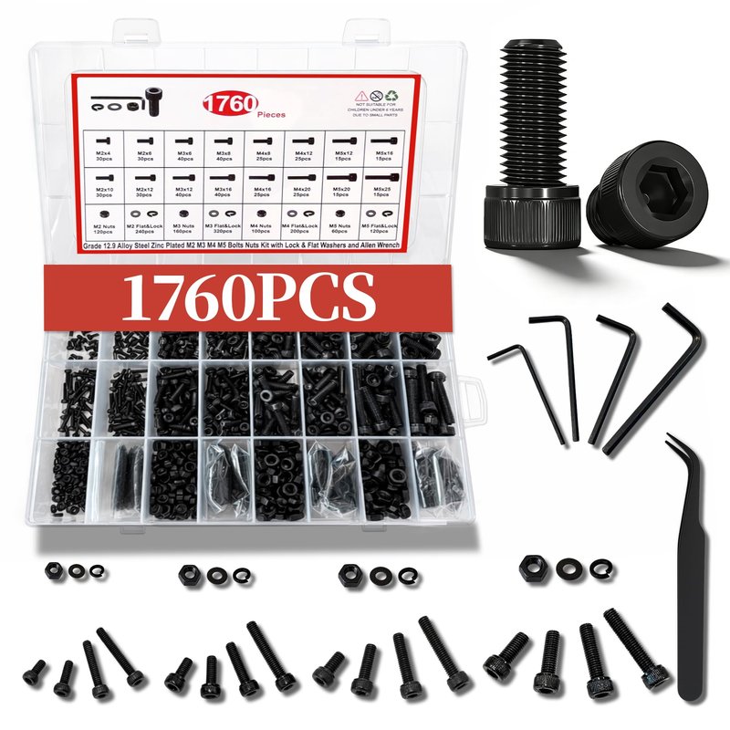Metric Screw Assortment Kit, M2 M3 M4 M5 Bolt Assortment with Bolts and Nuts, Hex Socket Cap Head M Screws for 3D Printer Black Zinc Plated Grade 12.9 Alloy Steel