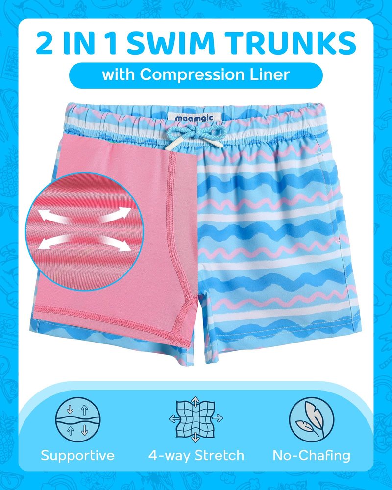 maamgic Boys Swim Trunks with Compression Liner Toddler Boy Swimsuit Quick Dry 4-Way Stretch Swimming Trunks Colorful Wave Line 7 Years