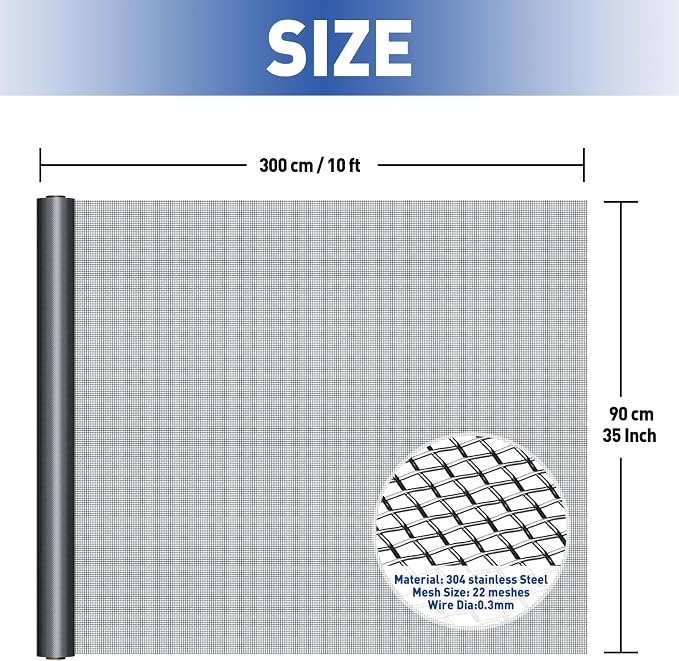 MAGZO 304 Stainless Steel Mesh Screen Roll 35in x 10ft